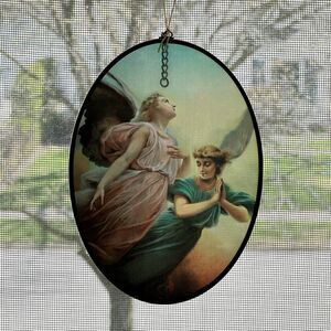 Vtg Sun Catcher Guardian Angel Glass Oval Brass Frame Window Hang Religion Faith